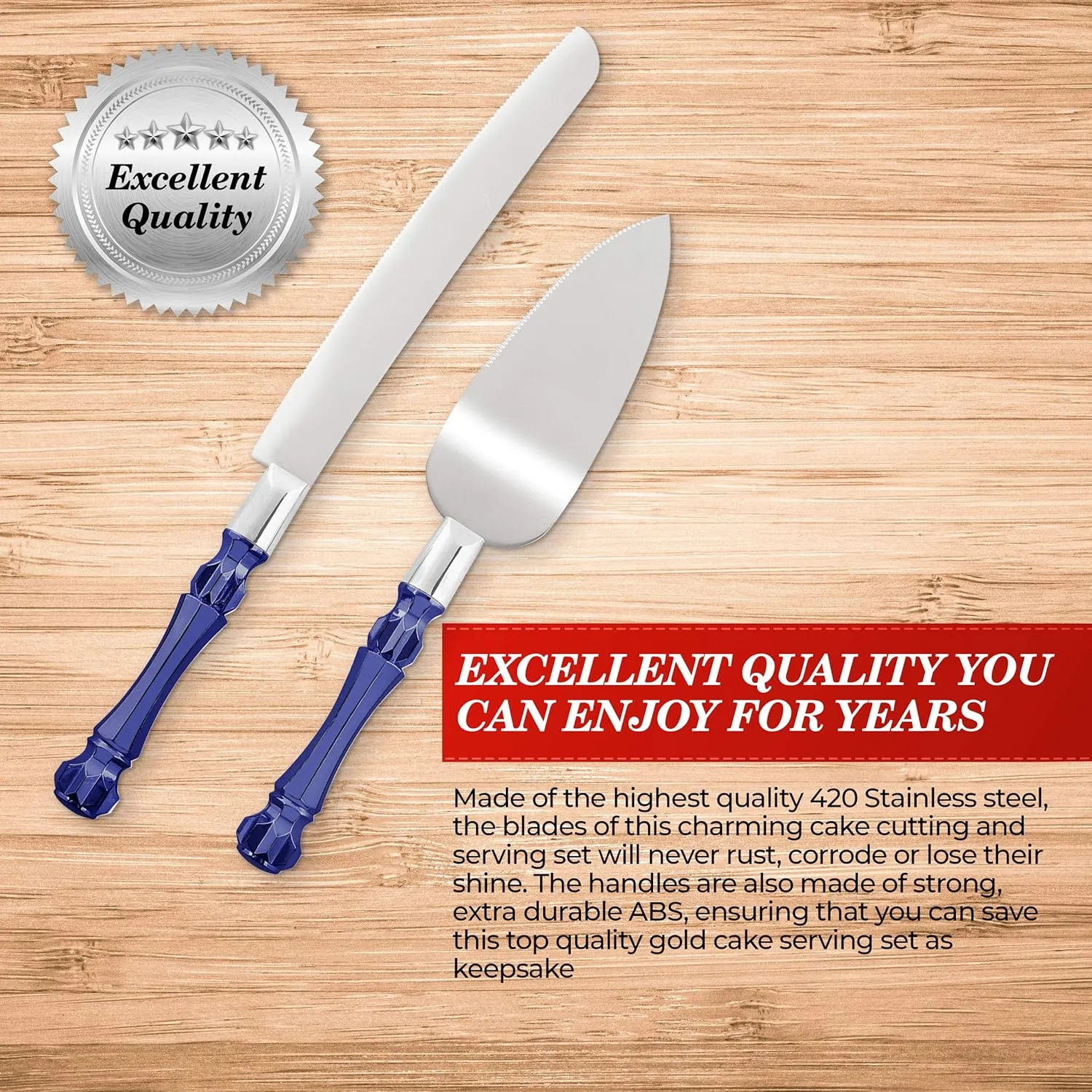 Cake Knife and Server Set, Cake Cutter and Pie Spatula, Cake Server and Knife Set with Acrylic Crystal Handles, Cake Cutting Set for Wedding Cake – 1.2mm Thick Blades, Birthdays, and Parties (Blue)