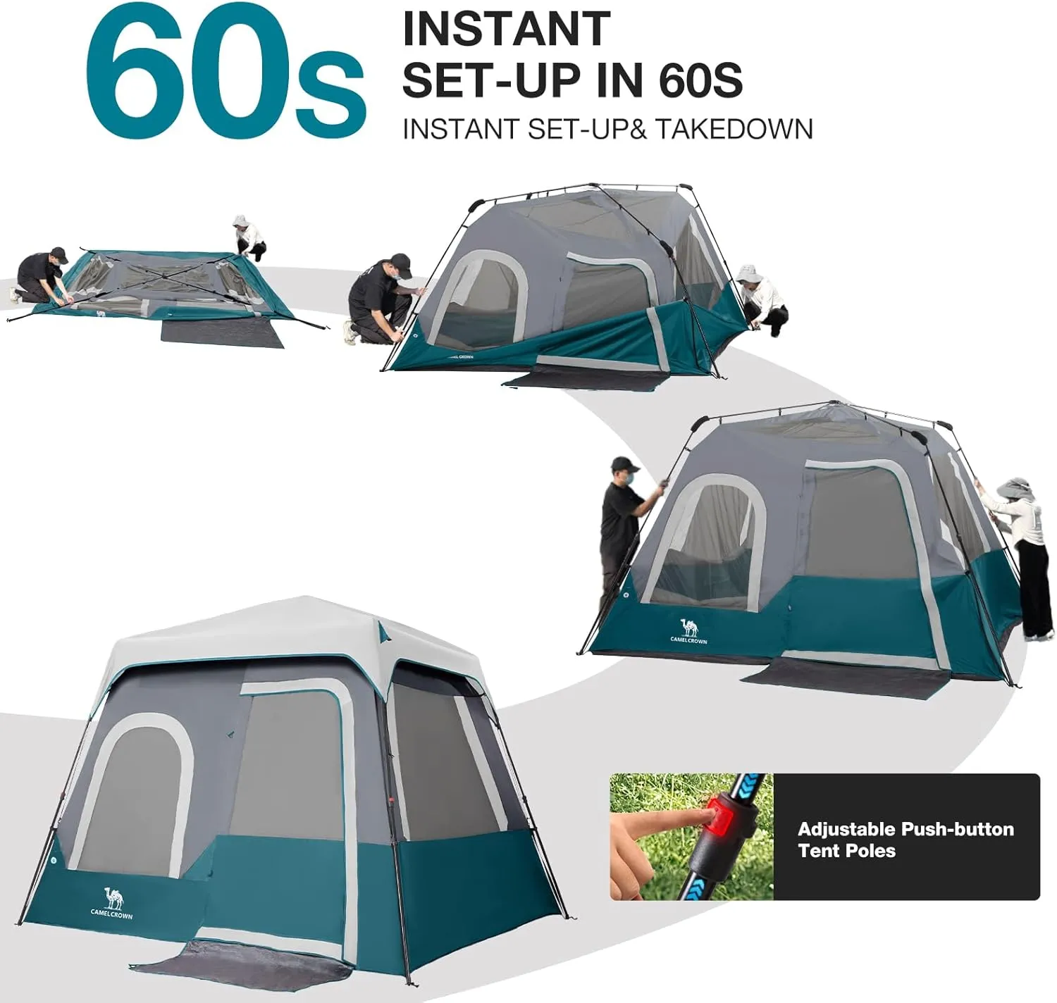 CAMEL CROWN Cabin Tent with 1-Minute Setup, 5/6 Person Instant Tent with with Pre-Attached Poles,Weatherproof Floor