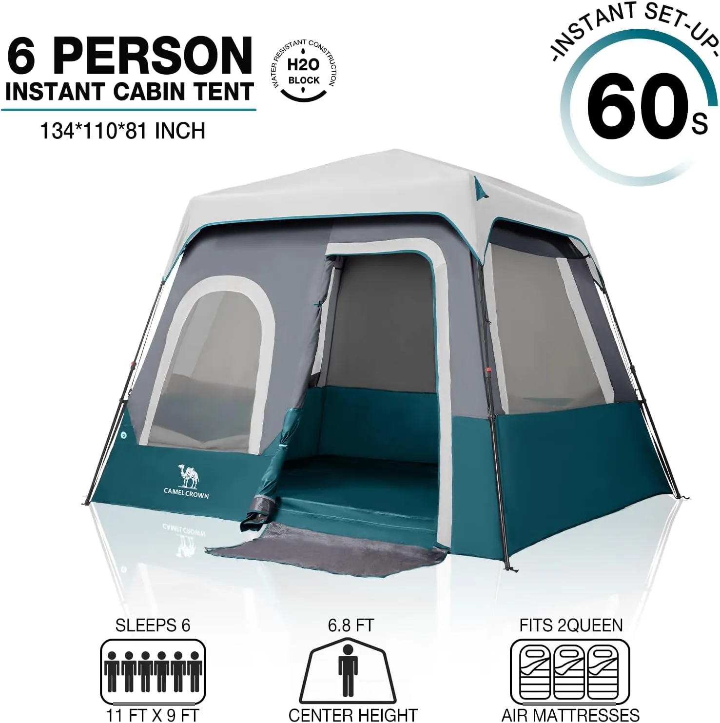 CAMEL CROWN Cabin Tent with 1-Minute Setup, 5/6 Person Instant Tent with with Pre-Attached Poles,Weatherproof Floor