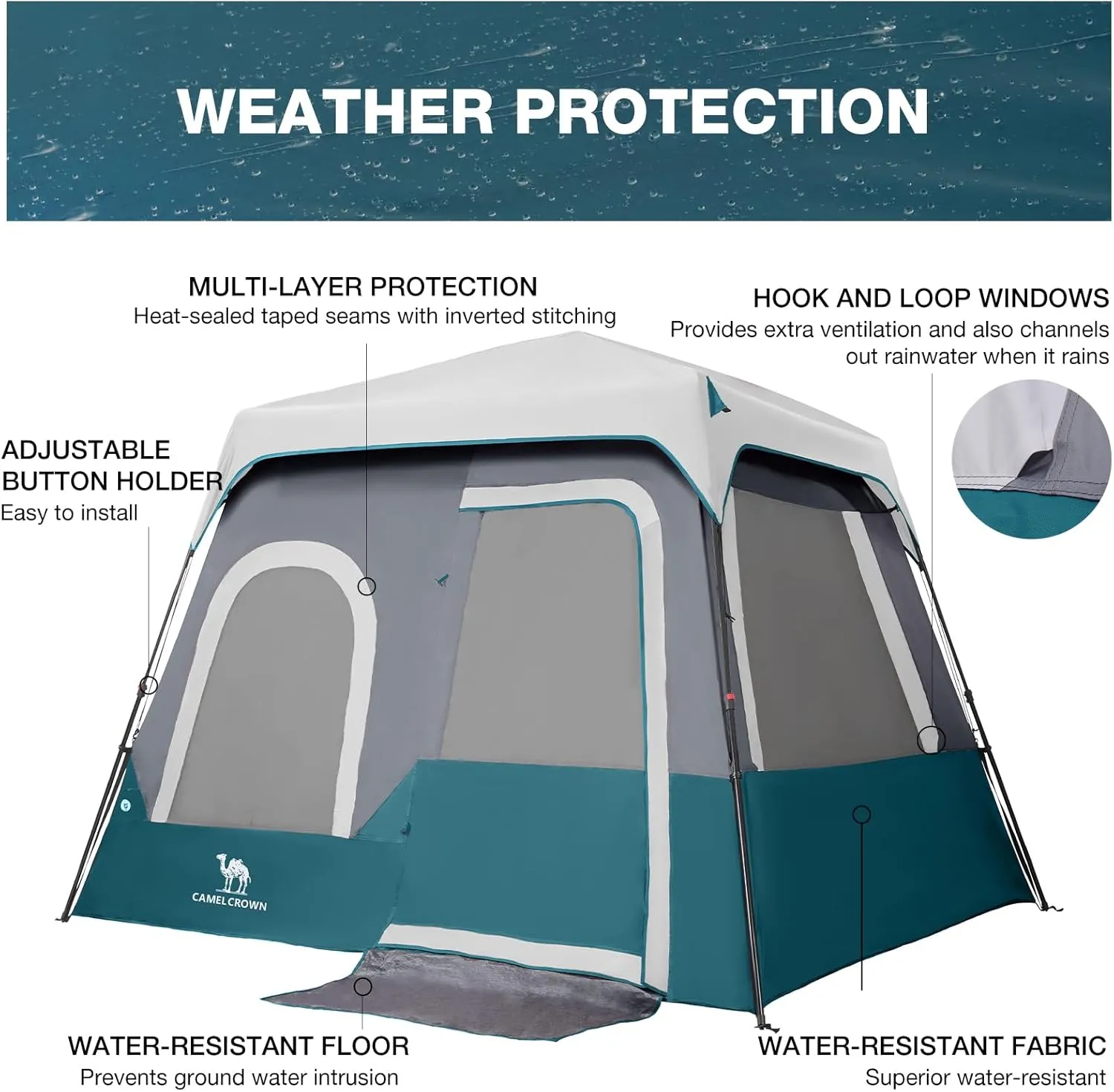 CAMEL CROWN Cabin Tent with 1-Minute Setup, 5/6 Person Instant Tent with with Pre-Attached Poles,Weatherproof Floor