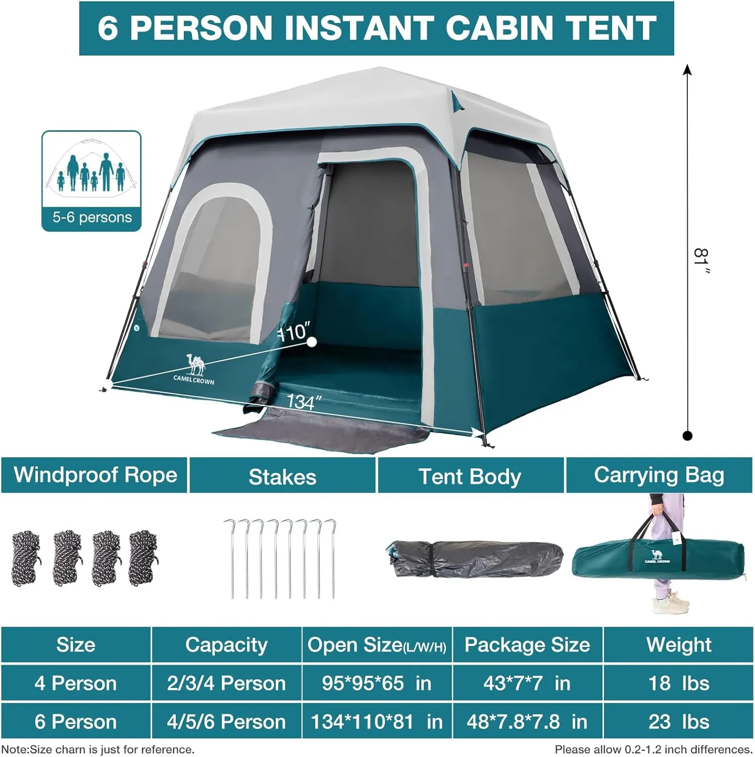 CAMEL CROWN Cabin Tent with 1-Minute Setup, 5/6 Person Instant Tent with with Pre-Attached Poles,Weatherproof Floor