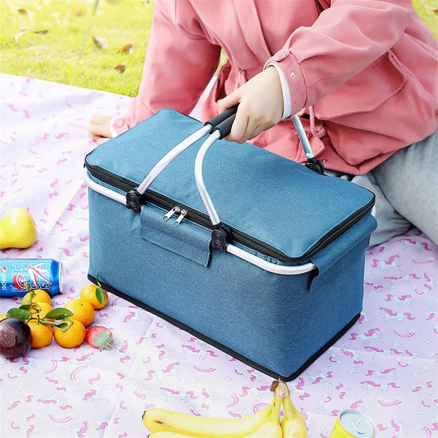 Camping Bags Folding Picnic Bag for Camping Basket Thermal Cooler Bag for Camping Supplies for Shopping Storage Beach Box Oxford Cloth(Blue)