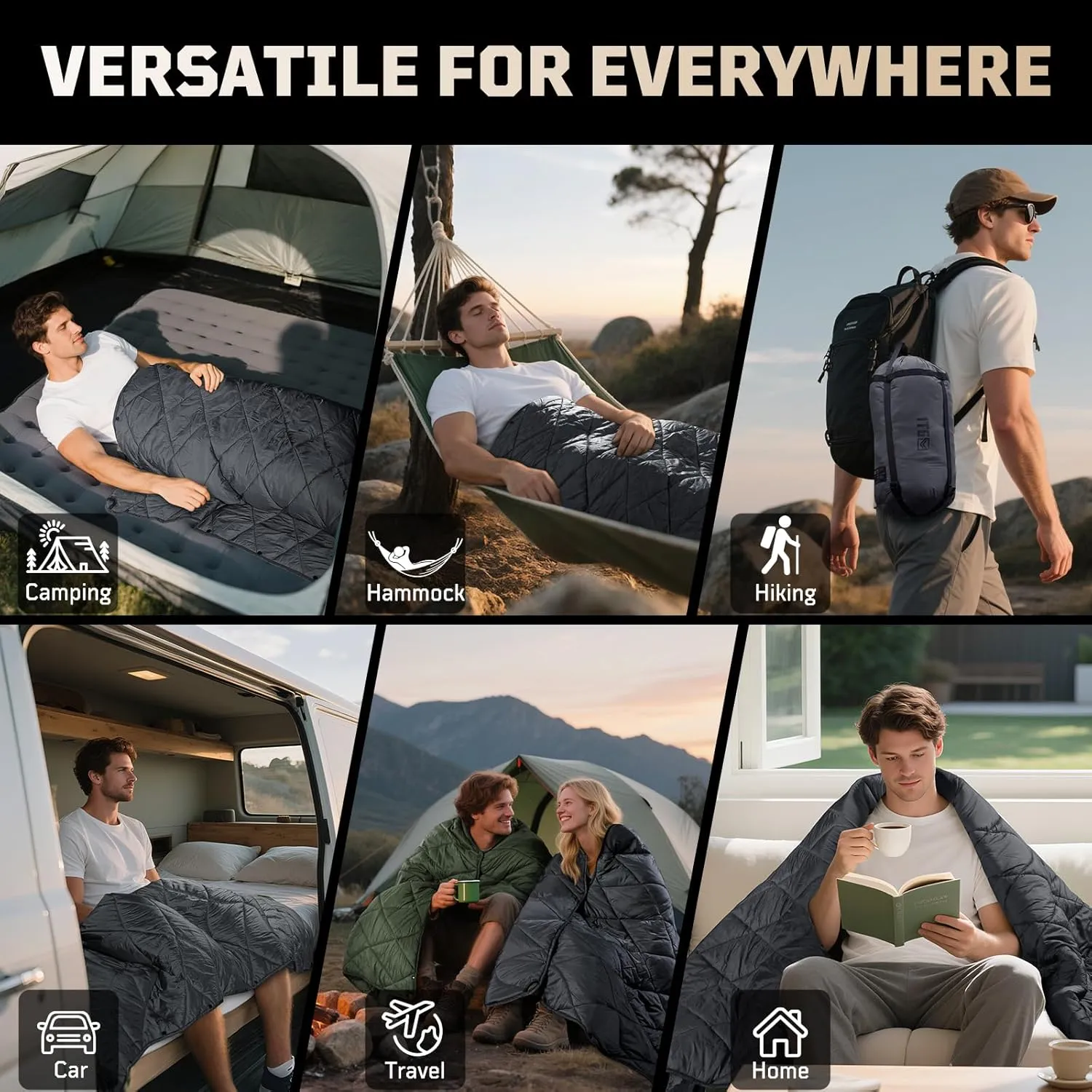 Camping Blanket - Packable, Ultra Warm and Lightweight with Snap Button Backpacking Quilt, for Sleeping, Outdoors, Travel, and Indoor Use - Gray