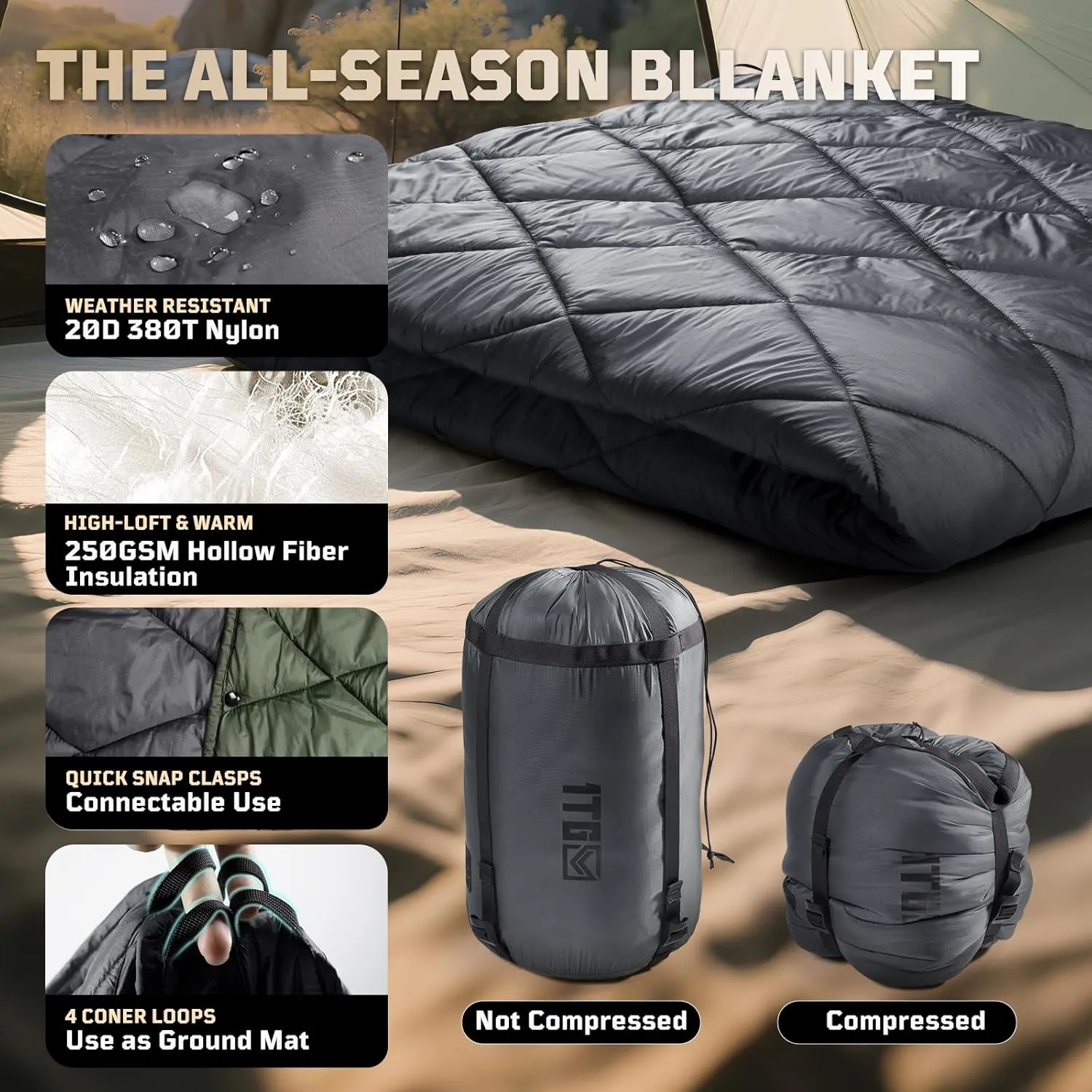 Camping Blanket - Packable, Ultra Warm and Lightweight with Snap Button Backpacking Quilt, for Sleeping, Outdoors, Travel, and Indoor Use - Gray