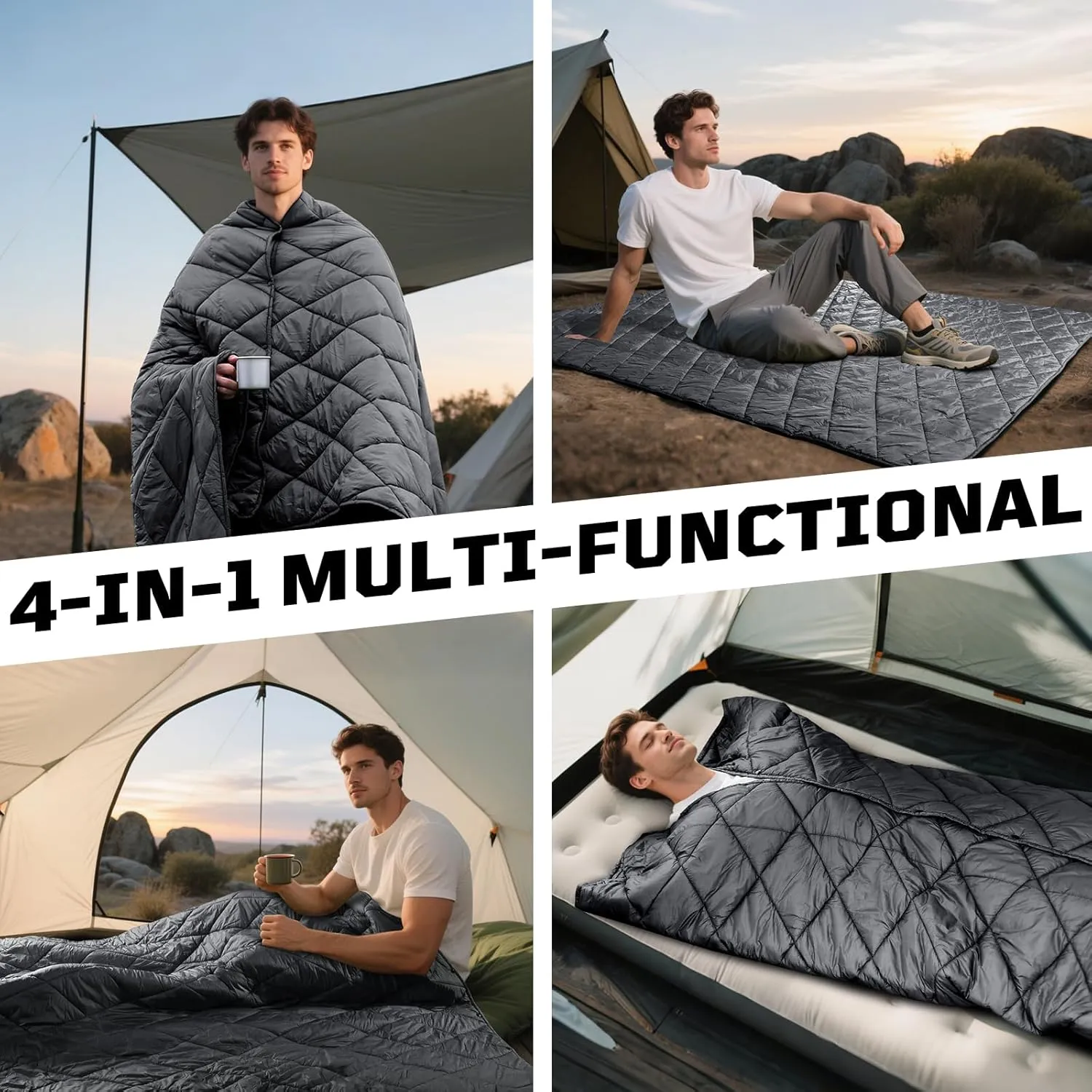 Camping Blanket - Packable, Ultra Warm and Lightweight with Snap Button Backpacking Quilt, for Sleeping, Outdoors, Travel, and Indoor Use - Gray