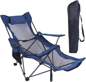 Camping Chair Reclining, Portable Camping Lounge Chair, Foldable Camping Chair with Headrest, Cup Holder, Folding Mesh Recliner Lounge Chairs for Camping Outdoor Lawn(Blue)