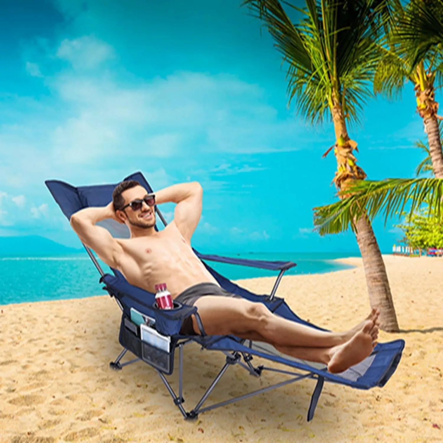 Camping Chair Reclining, Portable Camping Lounge Chair, Foldable Camping Chair with Headrest, Cup Holder, Folding Mesh Recliner Lounge Chairs for Camping Outdoor Lawn(Blue)