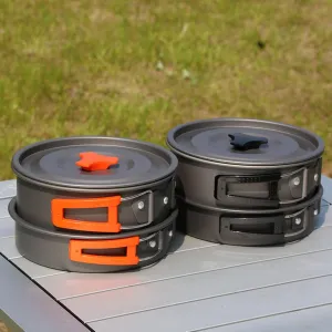 Camping Cooking Pot Set, 3PCS Aluminum Alloy Hard Oxidized Pot Pan Kettle Camping Cookware Set with Foldable Handle for Backpacking Hiking Picnic