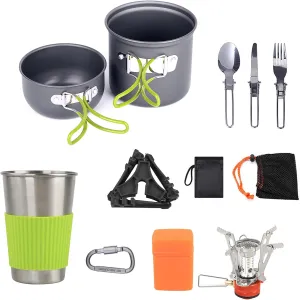 Camping Cookware Mess Kit 1-2 Person Portable Pot and Pan Set for Camping Hiking Picnic