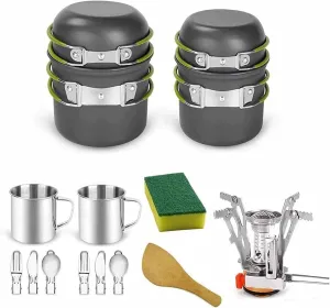 Camping Cookware Mess Kit Non-Stick Large Size Hanging Pot Pan Kettle 2 Persons Outdoor Camping Barbecue Cooker Set for Outdoor Camping Hiking Picnic