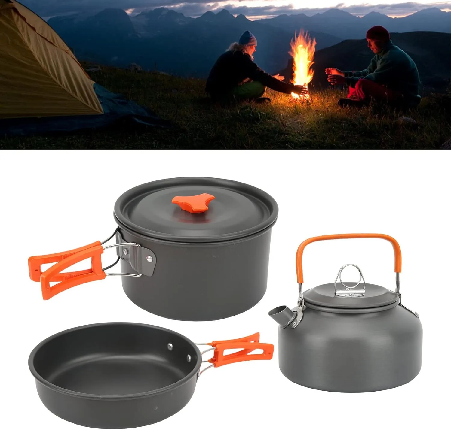 Camping Cookware Mess Kit Portable Camping Cooking Set for Backpacking Pot Pan Teapot Folding Fork Knife Spoon Kit