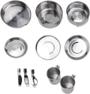 Camping Cookware Set Stainless Steel Camping Pot Portable Outdoor Tableware Set Foldable and Stackable Pot Set, silver