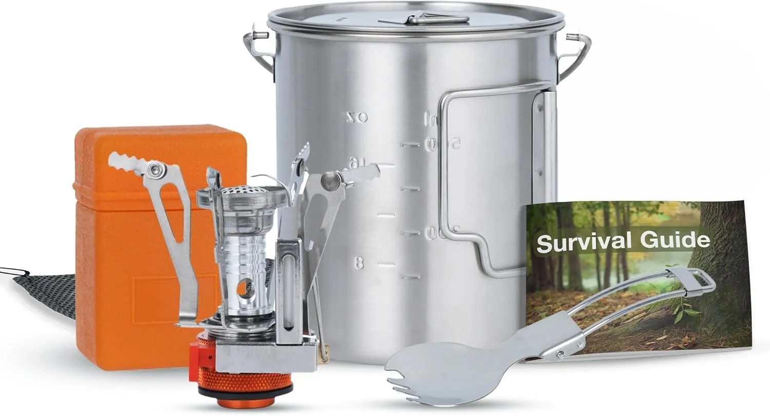 Camping Cookware Stainless Steel Pot, Portable Camping Stove, Camping Spork for Backpacking, Camping, Hiking, Bushcraft Cooking