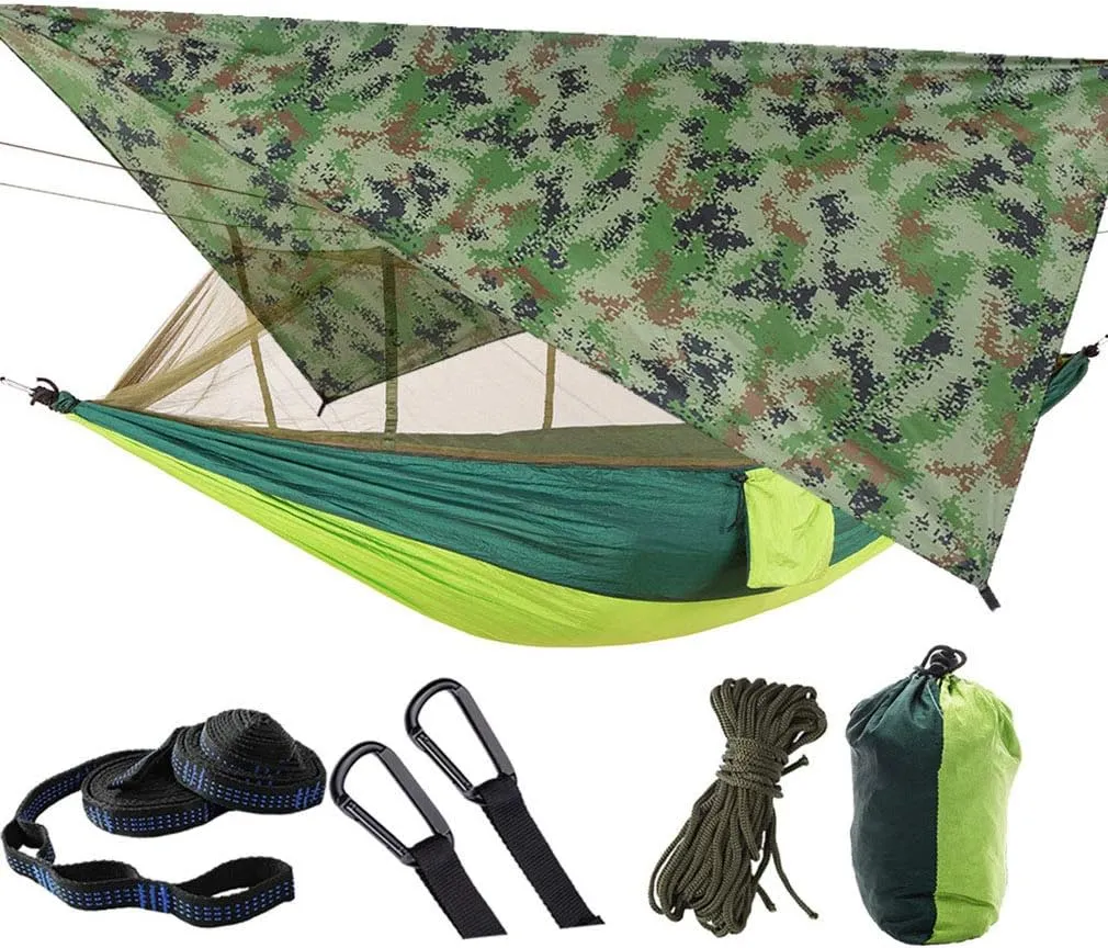 Camping Hammock Mosquito Net Rain Fly Tent Canopy Portable Outdoor Single & Double Hammock Tree Straps for Yard Hiking Camping Survival Travel