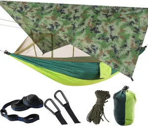Camping Hammock Mosquito Net Rain Fly Tent Canopy Portable Outdoor Single & Double Hammock Tree Straps for Yard Hiking Camping Survival Travel