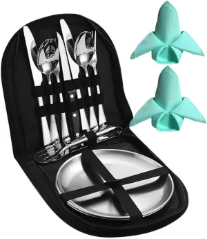 Camping Kitchen Tableware Mess Kit Cutlery for 2 Dinnerware Set - 12pcs Stainless Steel Utensils Set with Plate Spoon Fork Serrated Knife Cloth Napkins for 2,Backpacking, Outdoor Hiking Picnic