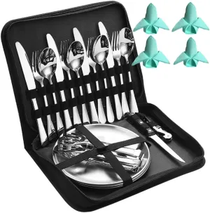 Camping Kitchen Tableware Mess Kit Cutlery for 4 Person Dinnerware Set - 24pcs Stainless Steel Utensils Set with Plate Spoon Fork Serrated Knife Wine Opener Cloth Napkins,Backpacking, Hiking Picnic
