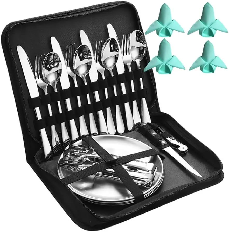 Camping Kitchen Tableware Mess Kit Cutlery for 4 Person Dinnerware Set - 24pcs Stainless Steel Utensils Set with Plate Spoon Fork Serrated Knife Wine Opener Cloth Napkins,Backpacking, Hiking Picnic