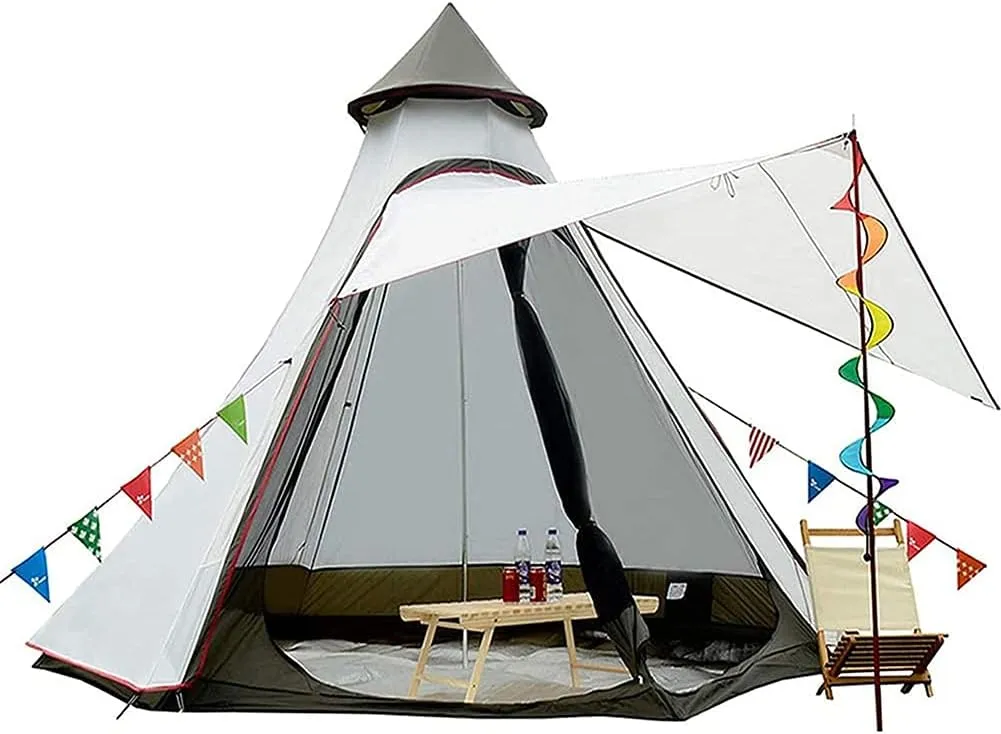 Camping Pyramid Teepee Tent Adult Tipi Tent Double Layers Indian Tent Yurt Tent Tower Post Bell Tent for Outdoor Family Trip