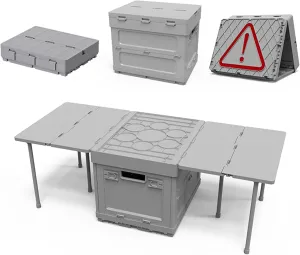 Camping Table 3-in-1 - Folding Camp Table & Outdoor Storage Bin with Emergency Roadside Safety Sign, Multifunctional Collapsible Camping Kitchen Table for Picnic, Beach, Car, Home Grey