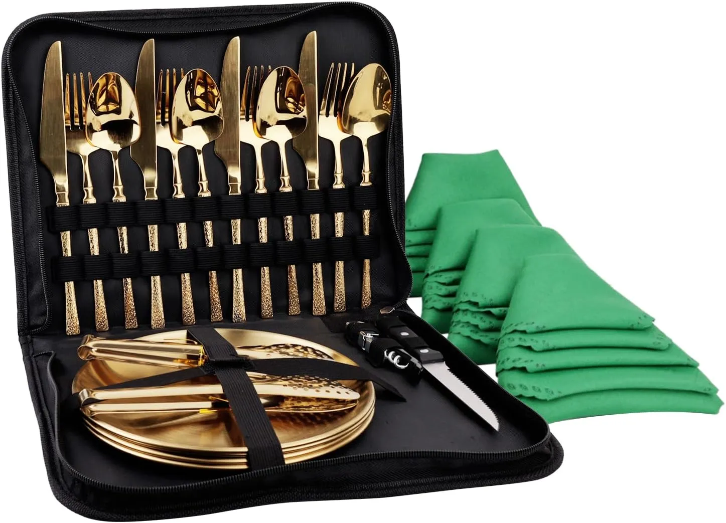 Camping Tableware Mess Kit Cutlery for 4 Dinnerware Set - 24pcs Hammered Gold Stainless Steel Utensils Set with Plate Spoon Fork Serrated Knife Wine Opener Cloth napkins, Backpacking, Hiking Picnic