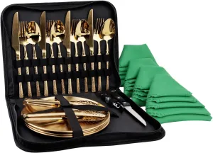 Camping Tableware Mess Kit Cutlery for 4 Dinnerware Set - 24pcs Hammered Gold Stainless Steel Utensils Set with Plate Spoon Fork Serrated Knife Wine Opener Cloth napkins, Backpacking, Hiking Picnic