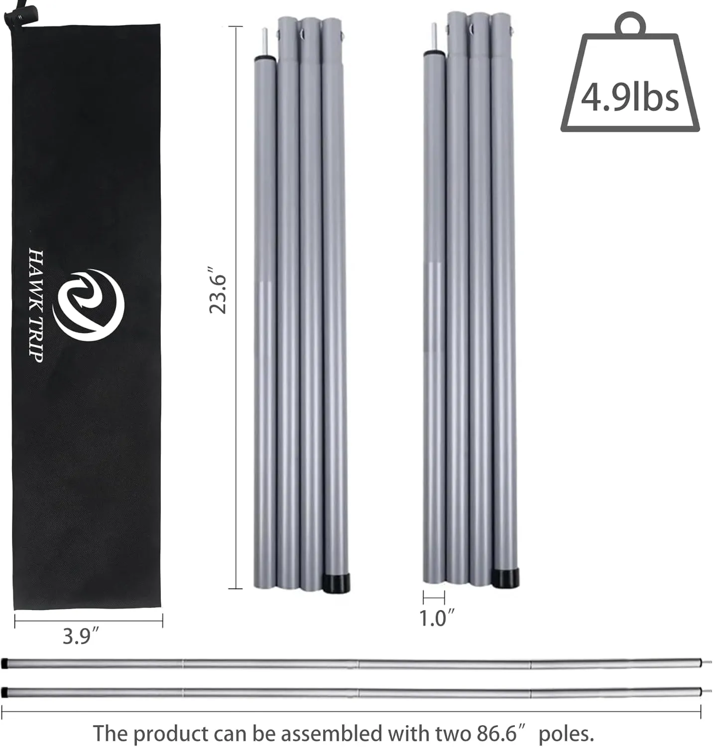 Camping Tarp Poles Tent Poles Adjustable for Tarp Canopy Awning Beach Shade (Dia 1.0"/Length 86.6")