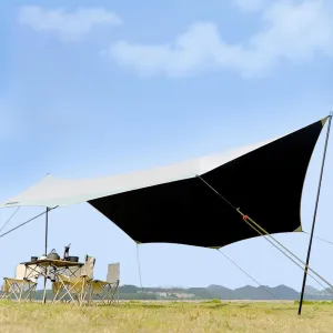 Camping Tarp Rain Fly, 18×15FT Waterproof Camping Awning with 2 Poles, Portable Camping Shade Sun Shelter for Picnic, Hiking(Rice-White,177x173x102inch)