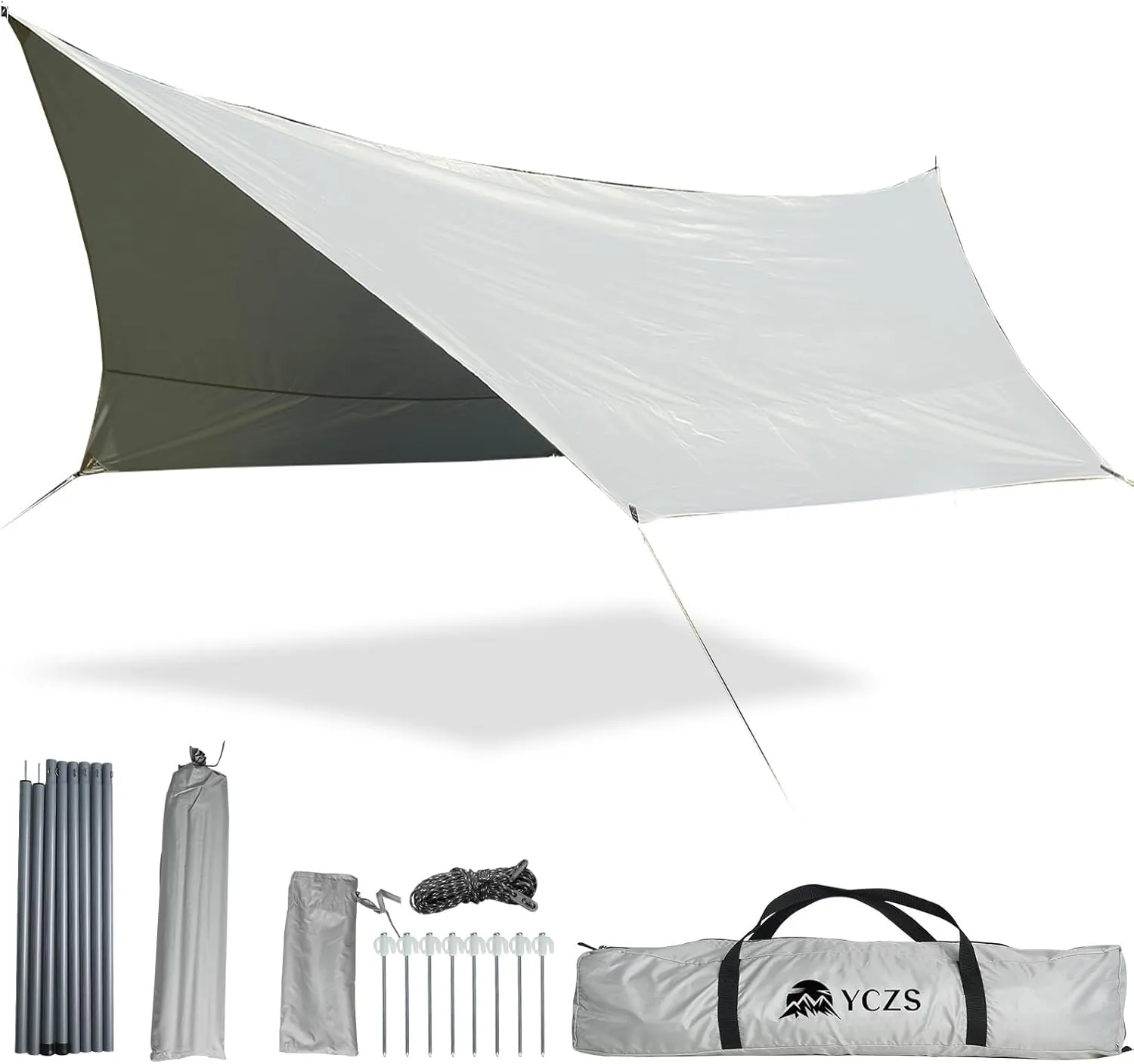 Camping Tarp Set, 20x14ft, Sun and Rain Protection Canopy, Waterproof, Heat-Insulating，Hexagonal Design, Even Force, Stronger Stability, for Camping, Picnic, Beach, Outdoor Activities, Gray
