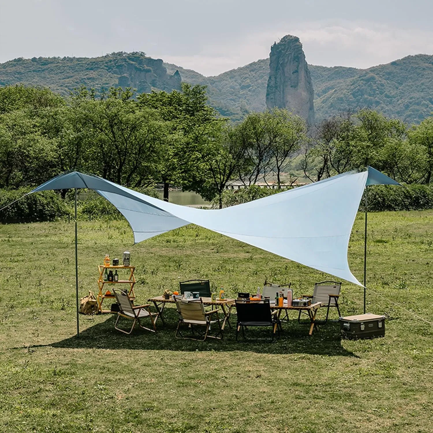 Camping Tarp Under Tent 6.8x6.8m with 2 Poles Hammock Rain Fly Waterproof Ultralight Backpacking Tarp Shelter Multifunctional Outdoor Camping Traveling Awning for Outdoor Adventure Hiking,Blue
