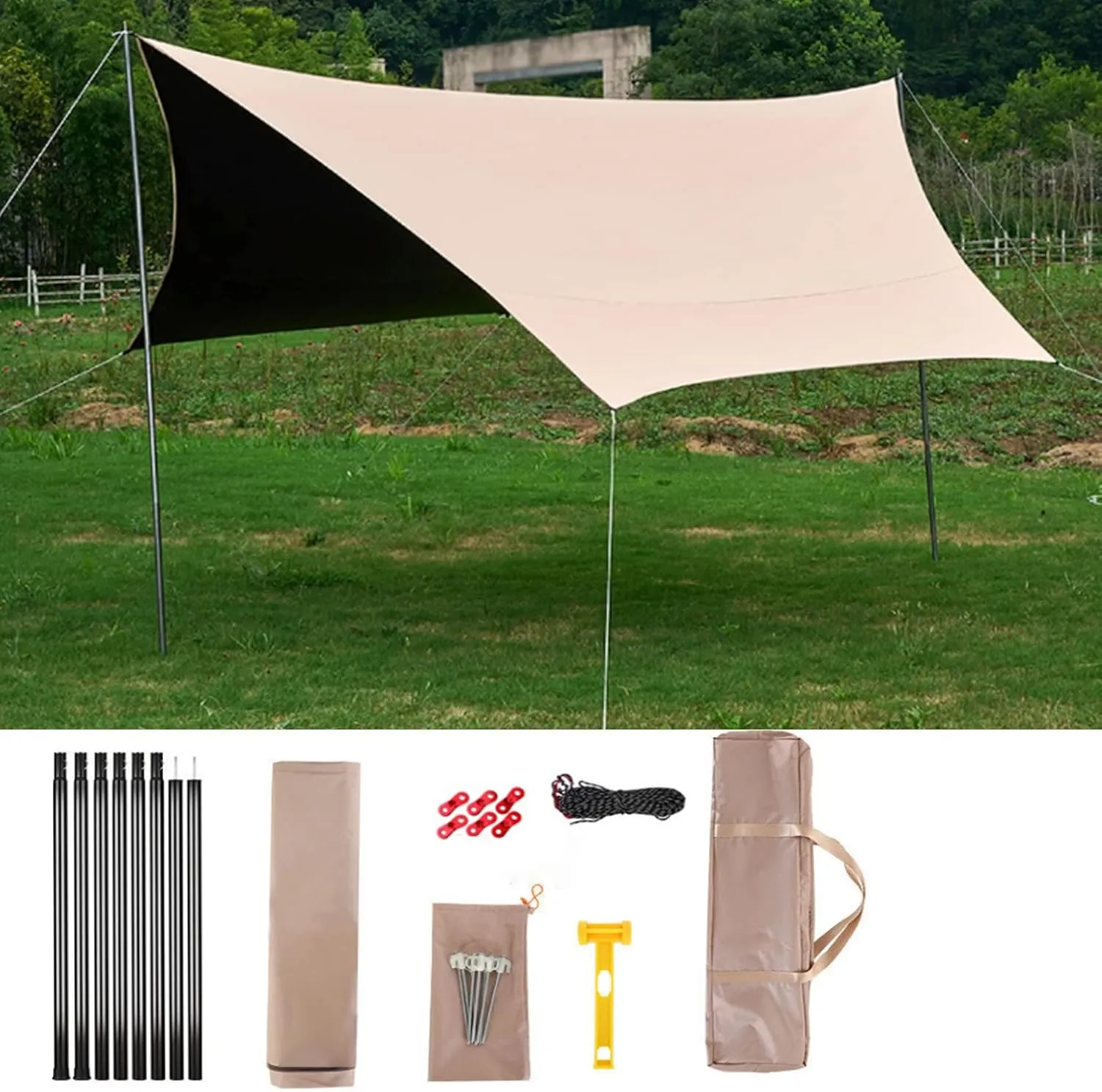 Camping Tarp Waterproof Hammock Tent Tarp,Portable Camping Shelter Sunshade Tarpaulin,Anti-UV Windproof,for Camping Hiking Traveling Outdoor Sports,Includes Accessories (13.8x17ft) ()