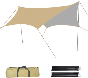 Camping tarp with Poles, 10 x10 ft Waterproof Camping Tarp, Lightweight Awning Sunshade, Portable Multifunctional Backpacking Tarp, PU 3000mm Waterproof Rain Fly Hammock Tarp