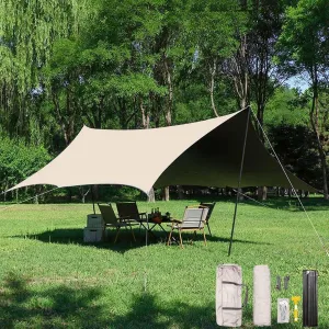 Camping Tarp with Poles, 18x14ft Canopy Waterproof Tent Tarp, Rain Shelter 8 Corner Awning Multifunctional Large Camping Tarps for Outdoors Hiking Picnic(Milky White,220x173x102inch)