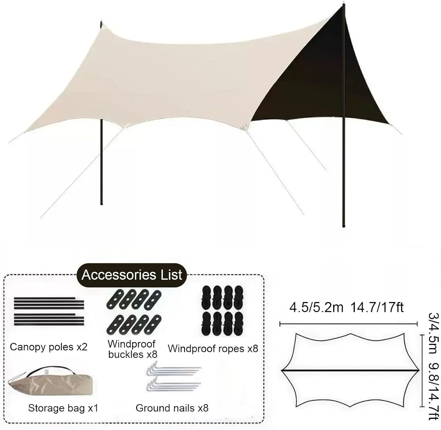 Camping Tarp with Poles, Camping Shelter, Sunscreen Sun Shelter for Picnics, Beach Trips, Three