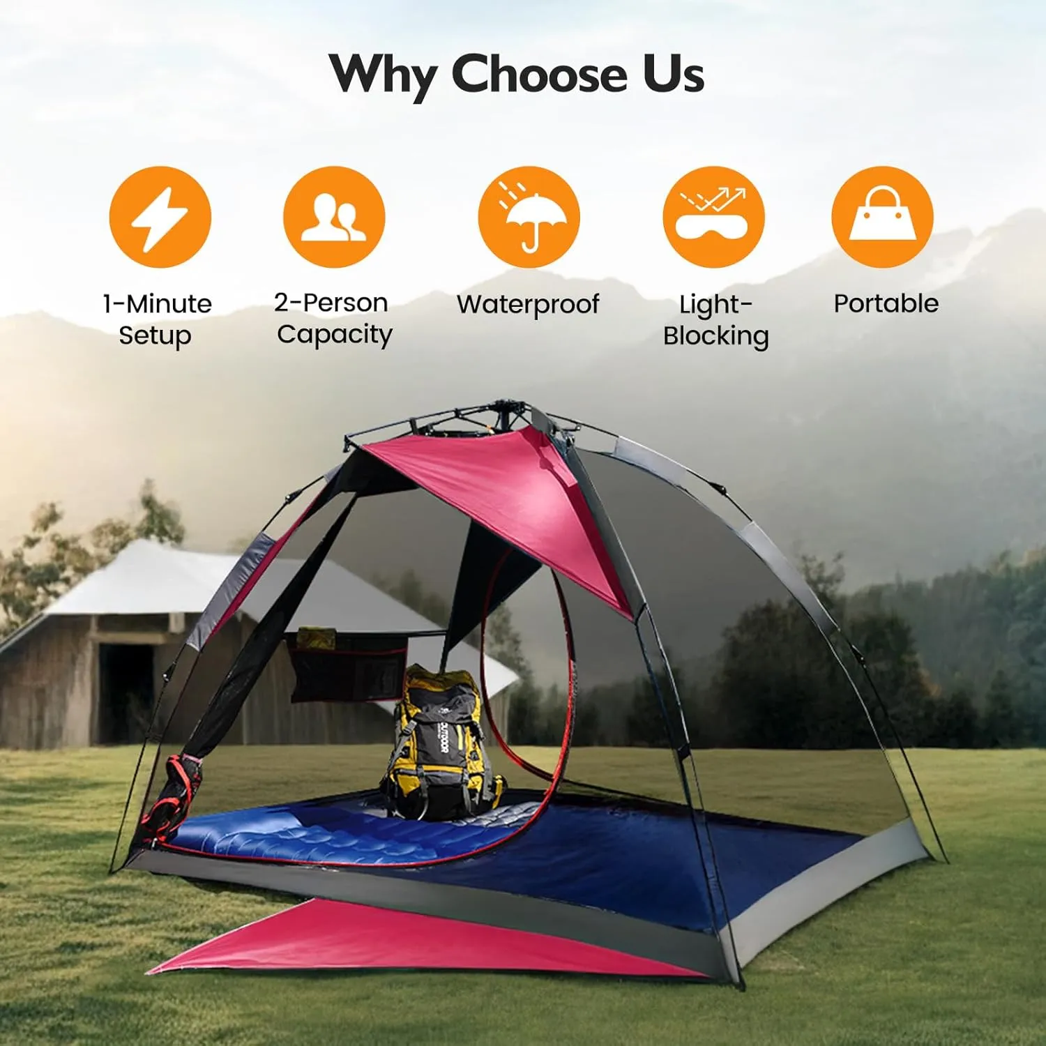 Camping Tent 2 Person, Waterproof & Blackout Double Layer Pop Up Outdoor Tent for Park, Picnic, Travel, Portable and Easy Setup