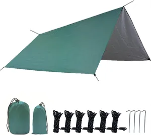 Camping Tent Tarp 300x300cm, Waterproof Hammock Rain Fly Shelter with Stakes & Ropes, Green Outdoor Tarp