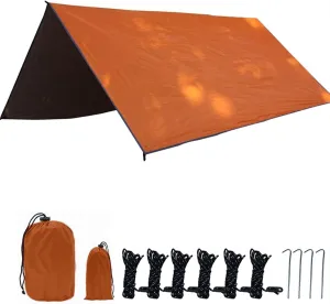 Camping Tent Tarp 300x300cm, Waterproof Hammock Rain Fly with Stakes & Ropes, Orange Outdoor Tarp Shelter