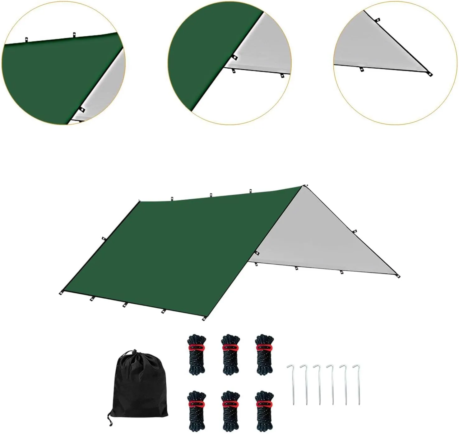 Camping Tent Tarp Multifunctional with 6 Stakes and 6 Ropes Foldable Sun Canopy Waterproof for Climbing Fishing Lightweight, Green L