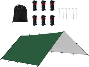 Camping Tent Tarp Multifunctional with 6 Stakes and 6 Ropes Foldable Sun Canopy Waterproof for Climbing Fishing Lightweight, Green L
