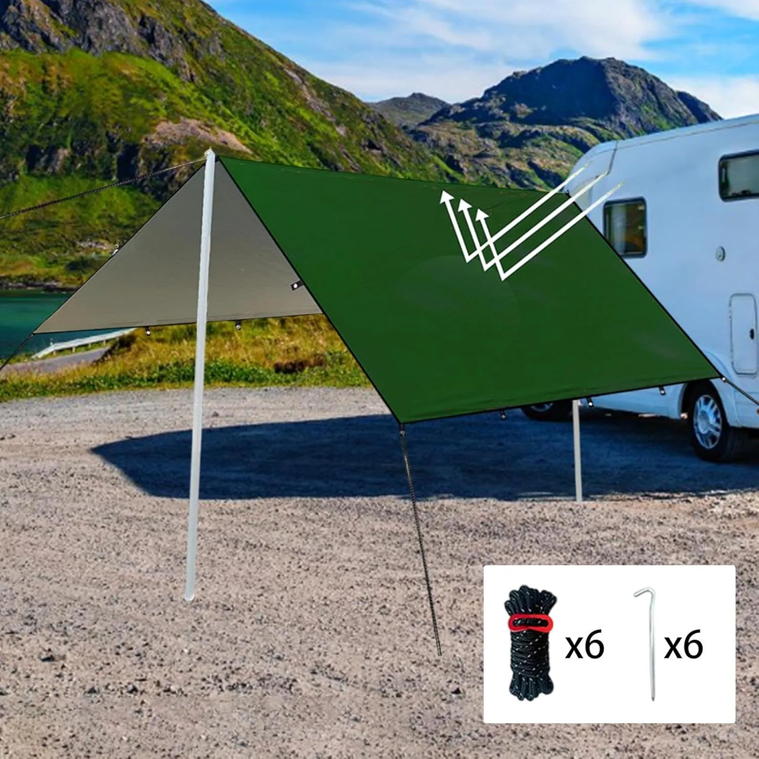 Camping Tent Tarp Multifunctional with 6 Stakes and 6 Ropes Foldable Sun Canopy Waterproof for Climbing Fishing Lightweight, Green L