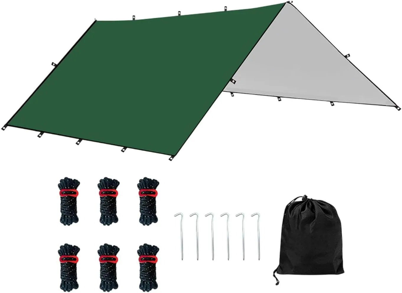 Camping Tent Tarp Multifunctional with 6 Stakes and 6 Ropes Foldable Sun Canopy Waterproof for Climbing Fishing Lightweight, Green L