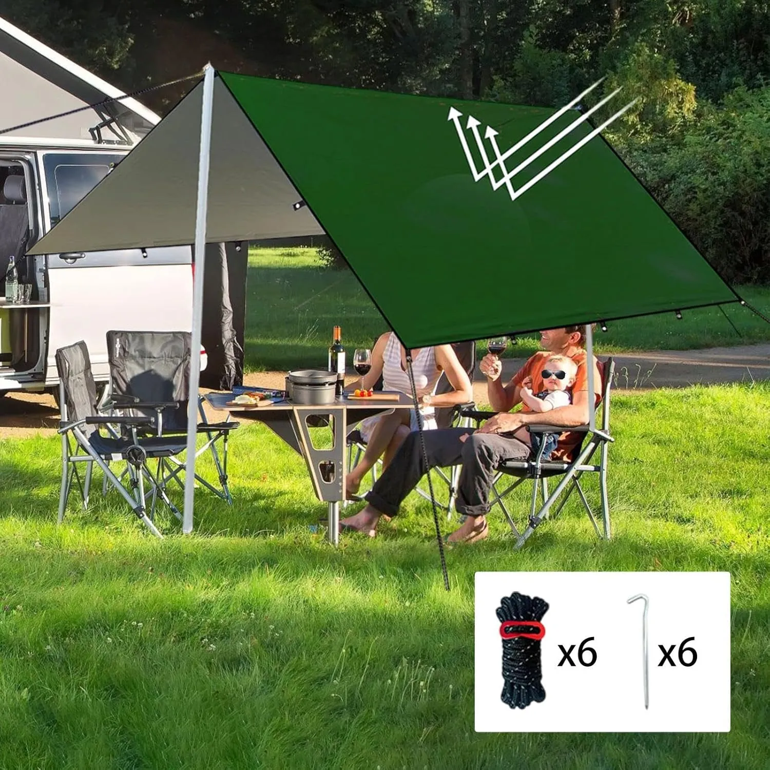 Camping Tent Tarp Multifunctional with 6 Stakes and 6 Ropes Foldable Sun Canopy Waterproof for Climbing Fishing Lightweight, Green L