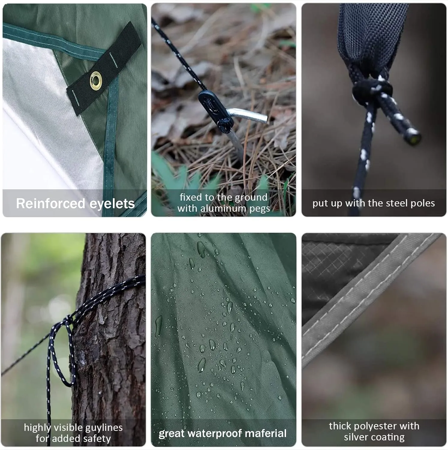 Camping Tent Tarp Rain Tarp Hammock Shelter, Premium UV Protection Sun Shelter Windproof Waterproof Lightweight Compact Durable Ripstop Gazebo Picnic Mat (Camo(rodless) 2X Large) (Green Small)