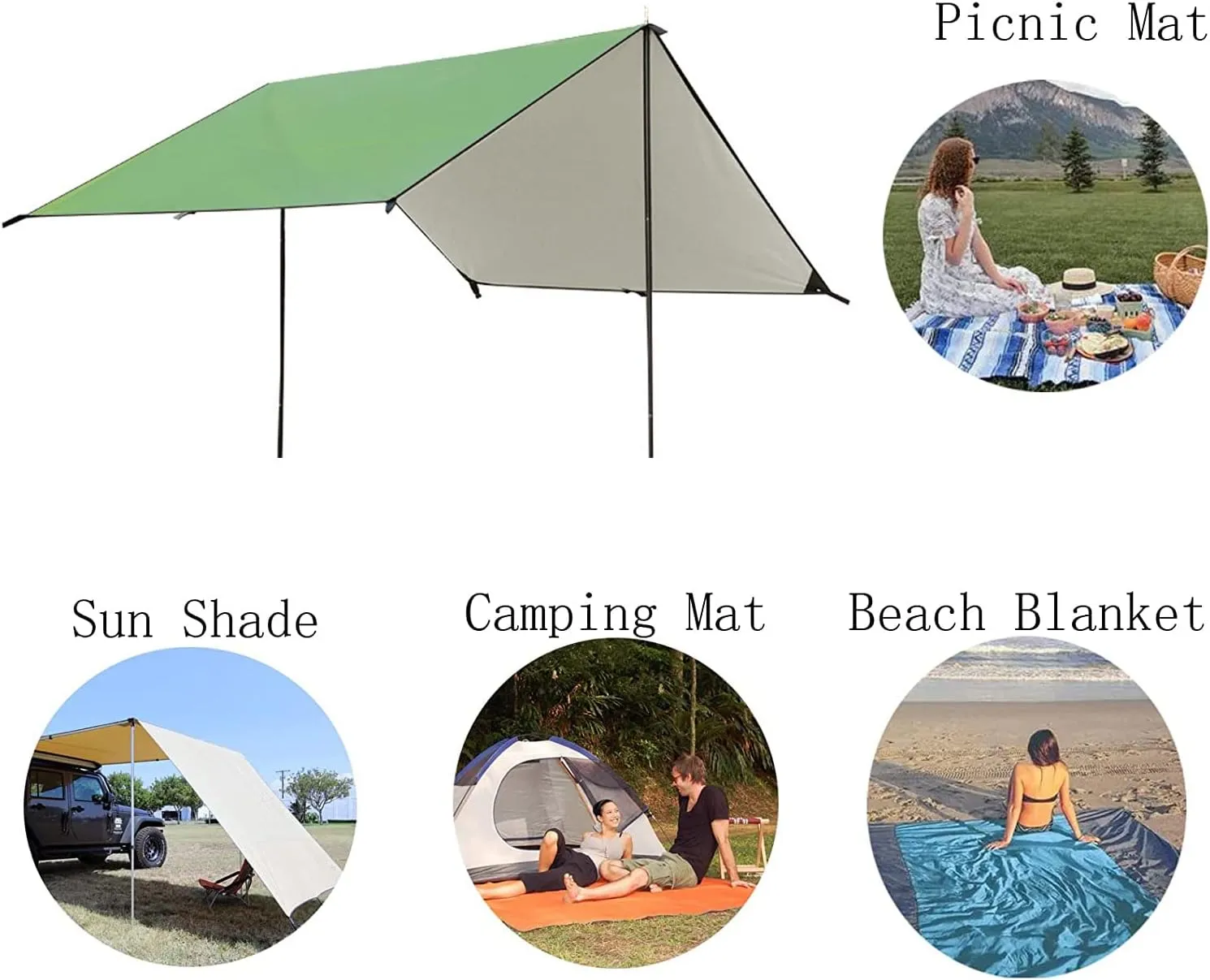 Camping Tent Tarp Rain Tarp Hammock Shelter, Premium UV Protection Sun Shelter Windproof Waterproof Lightweight Compact Durable Ripstop Gazebo Picnic Mat (Camo(rodless) 2X Large) (Green Small)