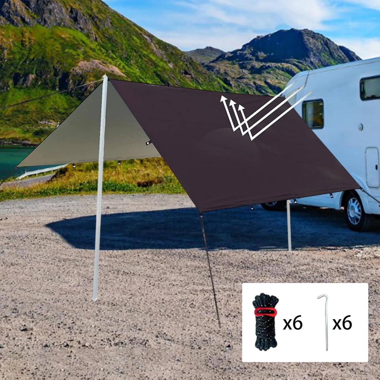 Camping Tent Tarp Sun Canopy with 6 Stakes and 6 Ropes Waterproof Multifunctional for RV Car Truck Side Shade Lightweight, Black M