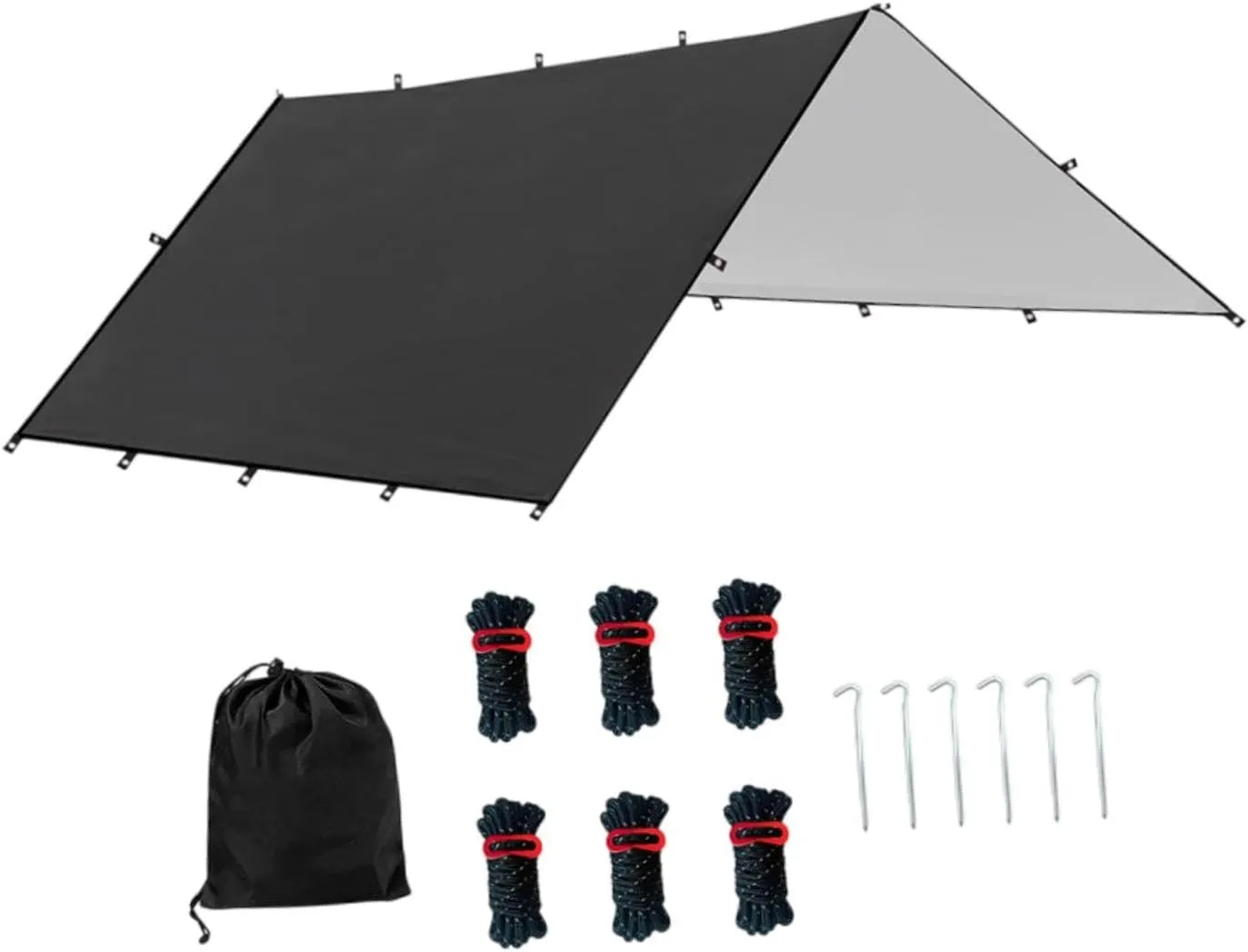 Camping Tent Tarp Sun Canopy with 6 Stakes and 6 Ropes Waterproof Multifunctional for RV Car Truck Side Shade Lightweight, Black M