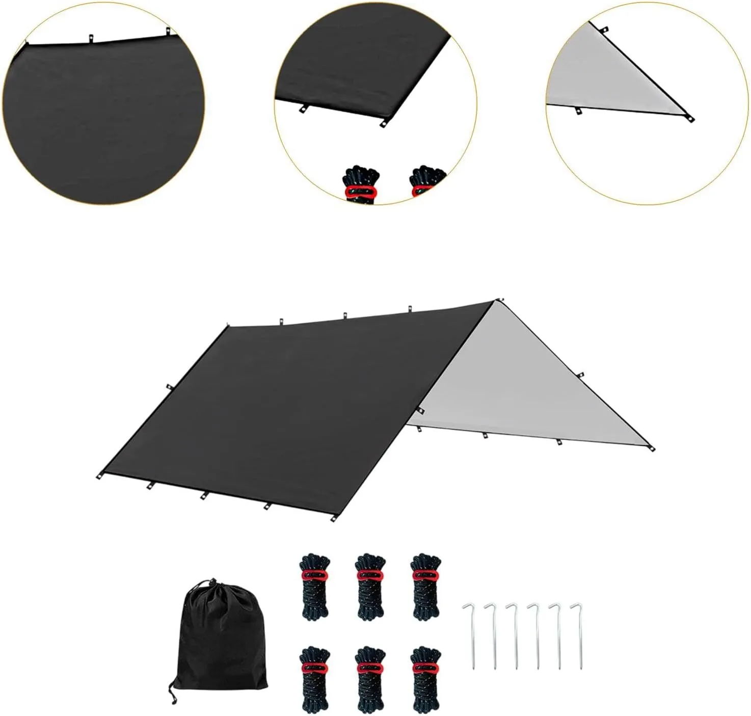 Camping Tent Tarp Sun Canopy with 6 Stakes and 6 Ropes Waterproof Multifunctional for RV Car Truck Side Shade Lightweight, Black M