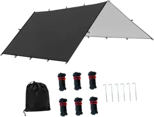 Camping Tent Tarp Sun Canopy with 6 Stakes and 6 Ropes Waterproof Multifunctional for RV Car Truck Side Shade Lightweight, Black M