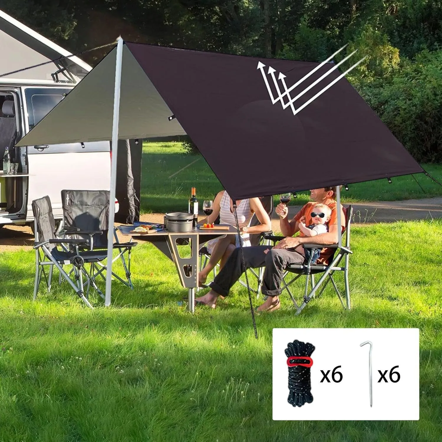 Camping Tent Tarp Sun Canopy with 6 Stakes and 6 Ropes Waterproof Multifunctional for RV Car Truck Side Shade Lightweight, Black S