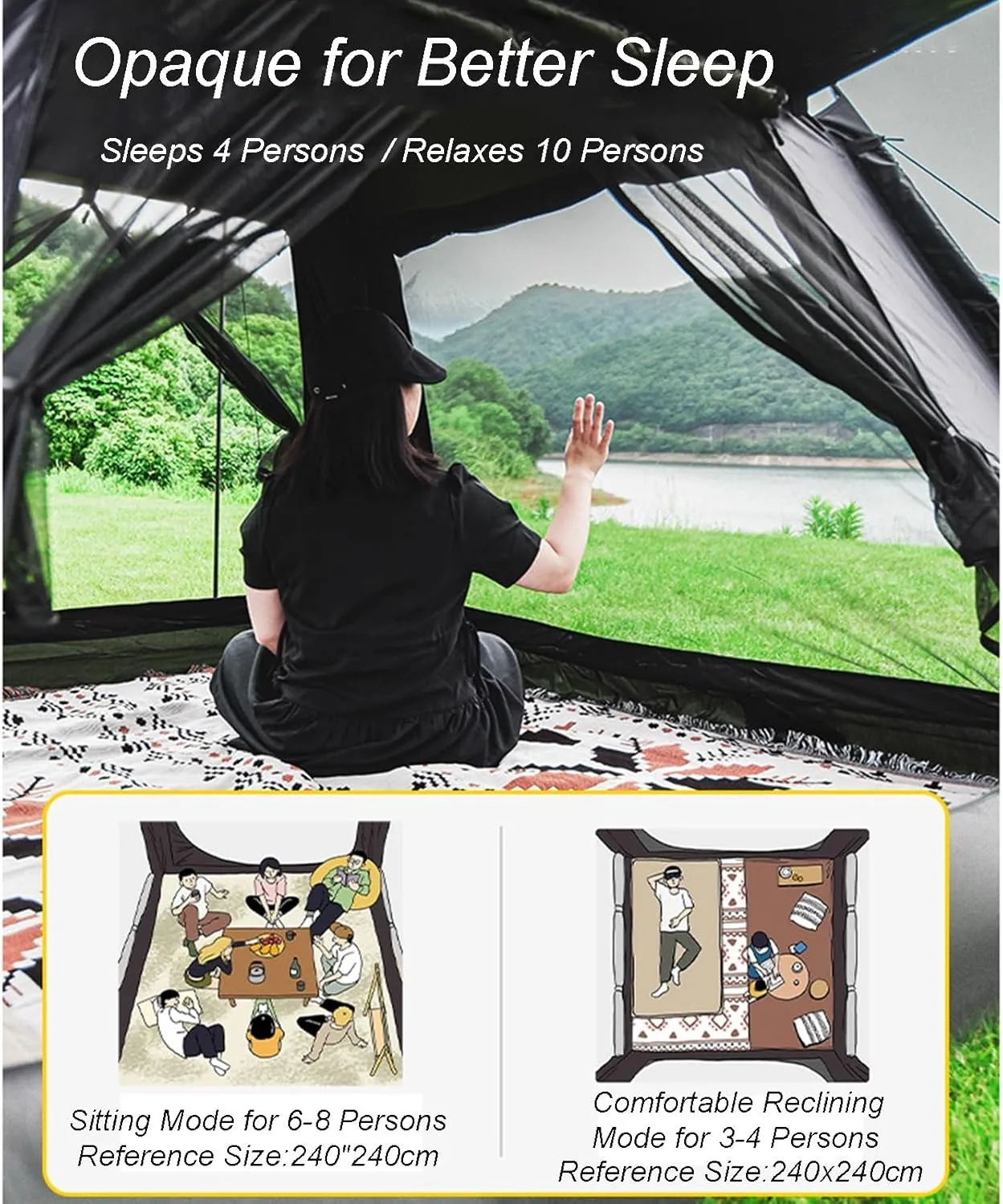 Camping Tent with Canopy Tarp Large Multifunctional Automatic Outdoor Camping Tent Portable Instant Pop-up Family Tent Windproof Sunproof with Moisture-Proof Mat